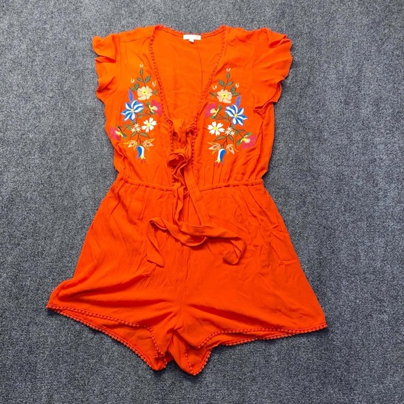 GB girls Pants - GB Gianni Bini Short Romper Womens Large Orange Floral Stitchwork Open Front Tie